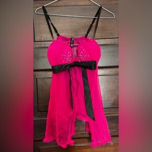 Victorias Secret Lingerie‎ Babydoll Top Pink Black Mesh Ruffle with Bow